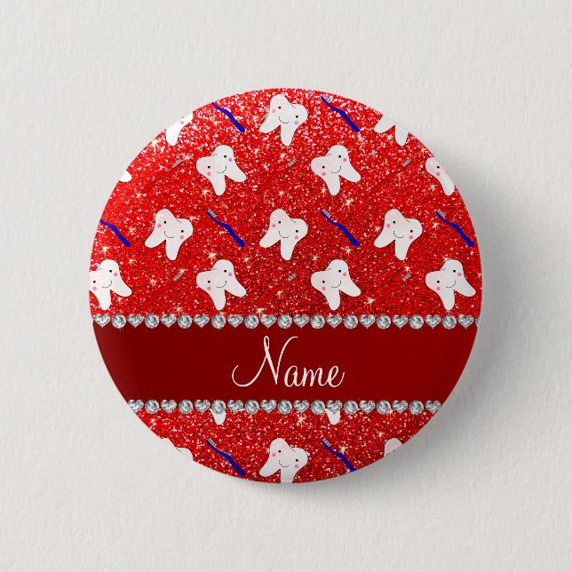 Custom name neon red glitter brushes and tooth 2 inch round button (Front)