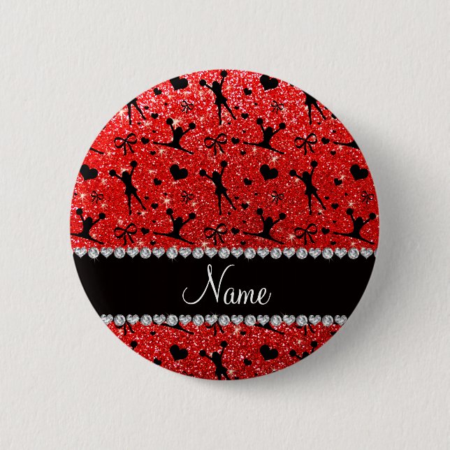 Custom name neon red glitter cheerleading 2 inch round button (Front)