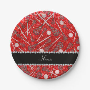 Custom name neon red glitter lacrosse sticks paper plate