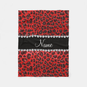 Custom name neon red glitter leopard print fleece blanket