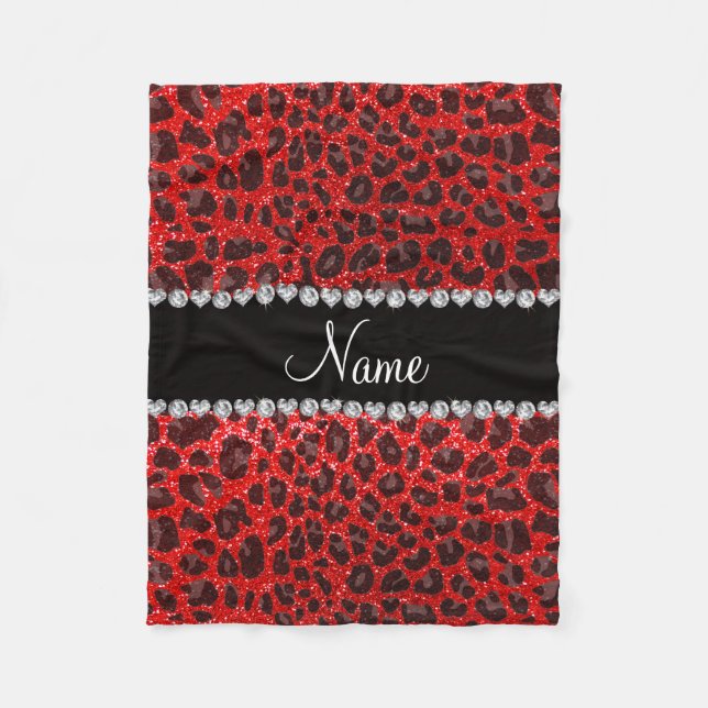 Custom name neon red glitter leopard print fleece blanket (Front)