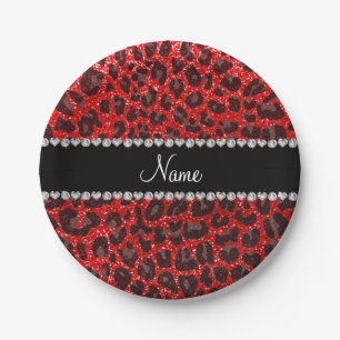 Custom name neon red glitter leopard print paper plate