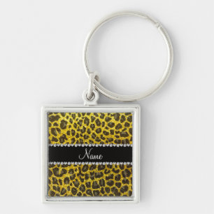 Custom name neon yellow glitter leopard print keychain