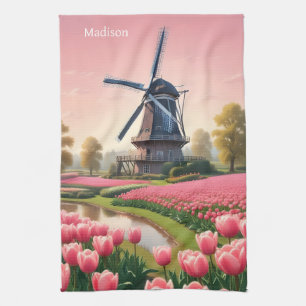 Custom Name Netherlands Windmills Kitchen Towel