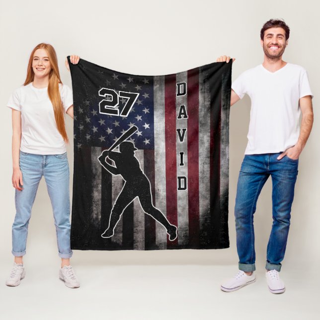 Custom Name & Number Baseball Usa Flag Printed Bla Fleece Blanket (In Situ)