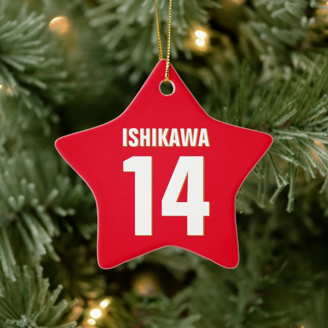 Custom Name, Number, Colours. Sports Fans Red Ceramic Ornament (Tree)