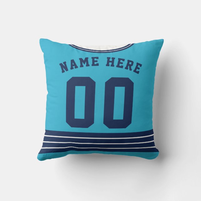 Custom Name Number Ice Hockey Blue Jersey Throw Pillow (Back)