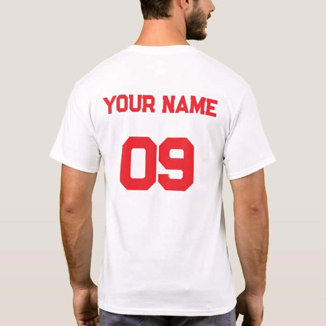Custom Name Number on back side Red Font T-Shirt (Back)