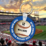 Custom Name Number Team Name Baseball Keychain<br><div class="desc">Personalized name,  number,  team name and message baseball gift. You can customize the background colour to match your favourite team. Designed by Thisisnotme©</div>