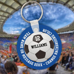 Custom Name Number Team Name Soccer Ball Keychain<br><div class="desc">Personalized name,  number,  team name and message soccer gift. You can customize the background colour to match your favourite team. Designed by Thisisnotme©</div>