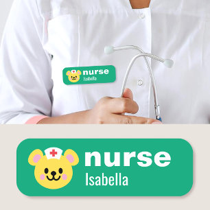 Custom Name Nurse Tag Simple Cute Bear Green