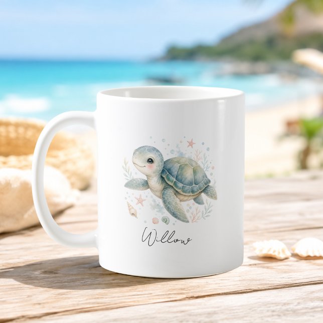 Custom Name Ocean Turtle Mug (Custom Name Watercolor Ocean Turtle Mug Script Font)