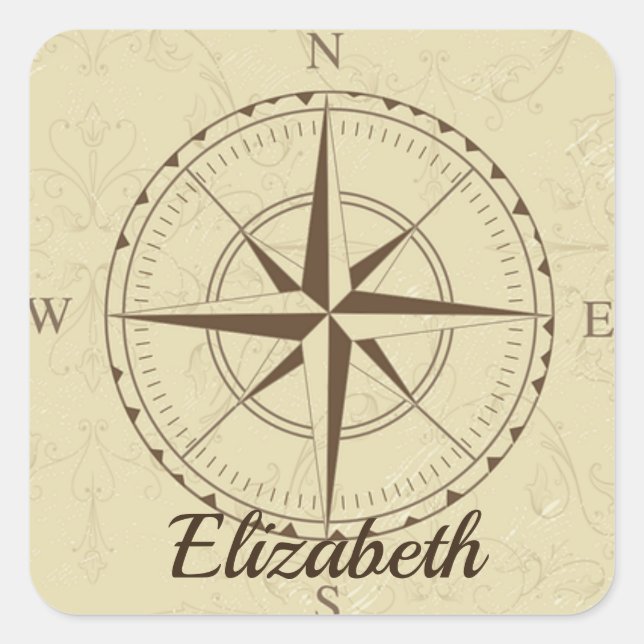 Custom Name Old Nautical Compass Map Brown Sticker (Front)
