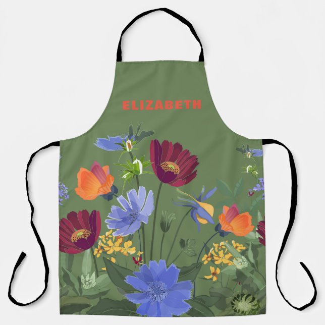 Custom Name Olive Green Floral Mother's Day  Apron (Front)