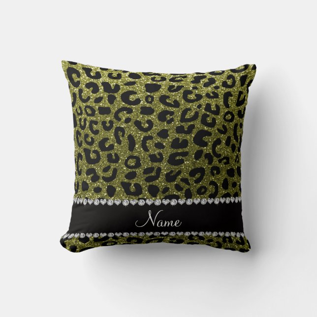 Custom name olive green glitter cheetah print throw pillow (Front)