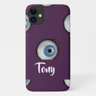 Custom name on big eyes on purple iPhone 11 case