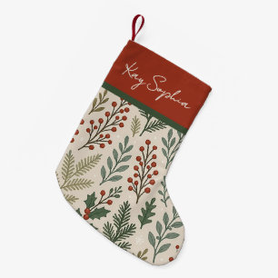Custom Name On Botanical Holly Berry Pattern Small Christmas Stocking