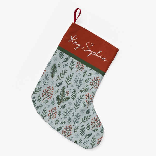 Custom Name On Botanical Holly Berry Pattern Small Christmas Stocking (Front (Hanging))