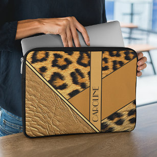 Custom Name On Leather And Leopard Skin Pattern Laptop Sleeve