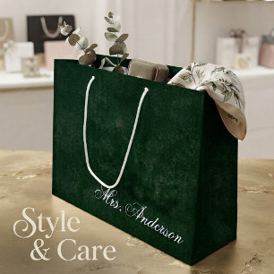Custom Name on Luxury Emerald Green Velvet Look Large Gift Bag