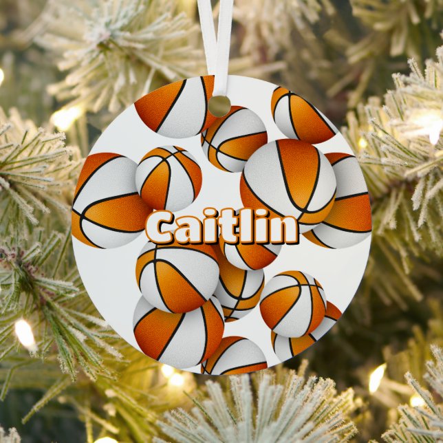 custom name on orange white basketballs keepsake metal ornament (Insitu)