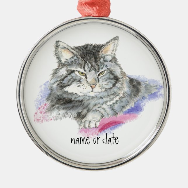 Custom Name or Date Cute Cat, Pet, Animal Metal Ornament (Front)