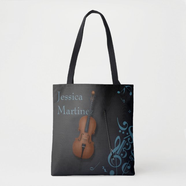Custom Name or Message Cello on Black & Turquoise Tote Bag (Front)