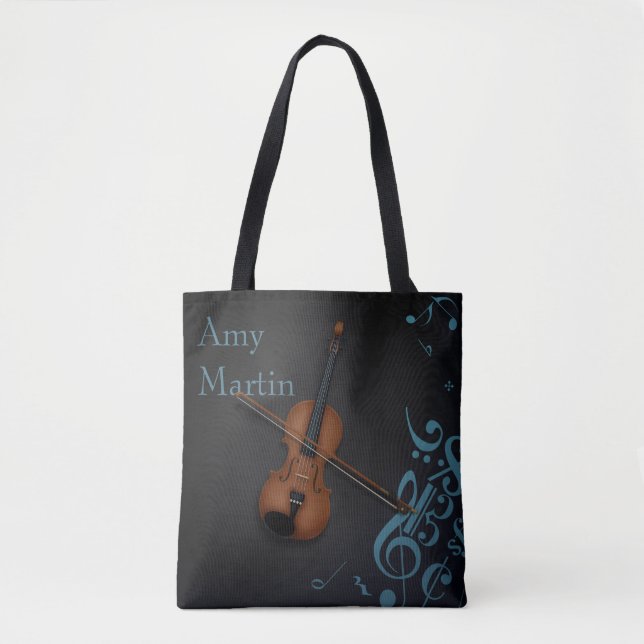Custom Name or Message Violin on Black & Turquoise Tote Bag (Front)