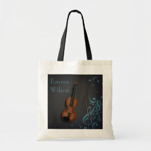 Custom Name or Message violin on Black & Turquoise Tote Bag