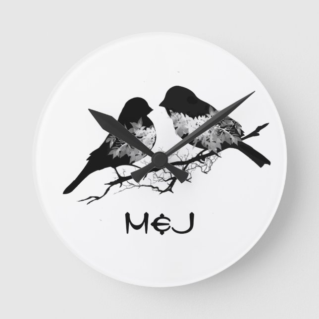 Custom Name or Monogram Love Birds Round Clock (Front)