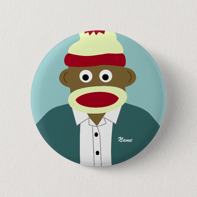 Custom Name or Monogram Sock Monkey Boy 2 Inch Round Button (Front)
