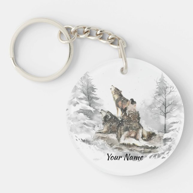 Custom Name or Text Wolf Friends Howling  Keychain (Front)