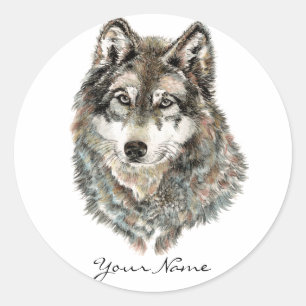 Custom Name or Text Wolf watercolor Animal Classic Round Sticker