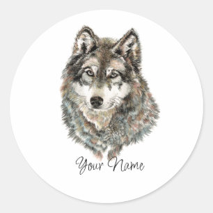 Custom Name or Text Wolf watercolor Animal Classic Round Sticker