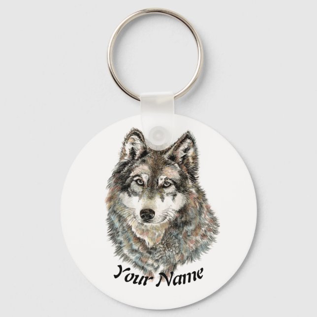 Custom Name or Text Wolf watercolor Animal Keychain (Front)