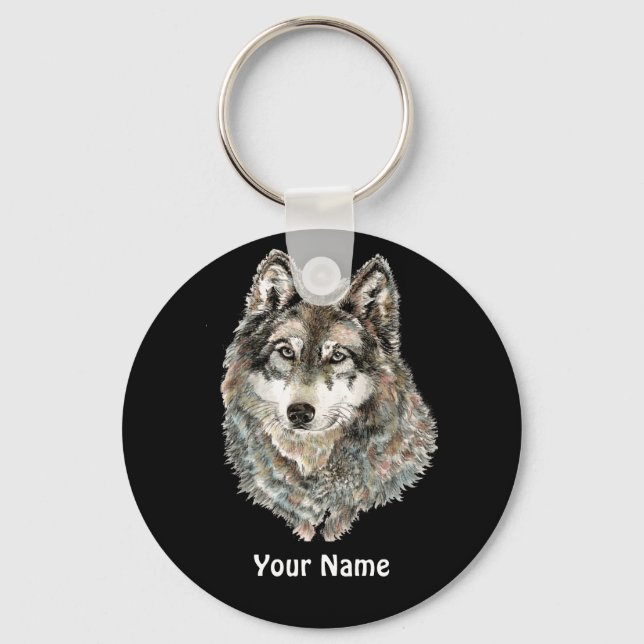 Custom Name or Text Wolf watercolor Animal Keychain (Front)