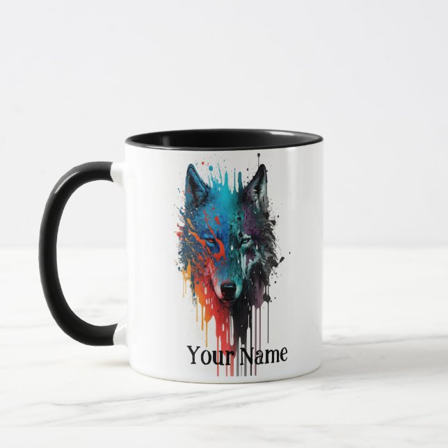 Custom Name or Text Wolf watercolor Animal Mug (Left)