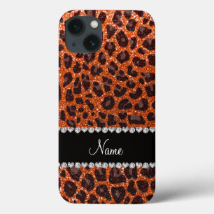 Custom name orange glitter leopard print iPhone 13 case