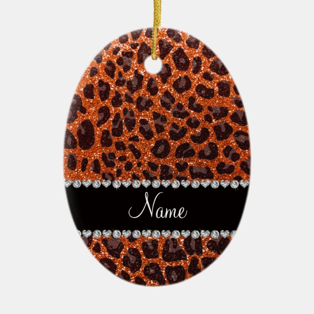 Custom name orange glitter leopard print ceramic ornament (Front)
