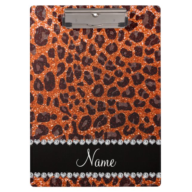 Custom name orange glitter leopard print clipboard (Front)