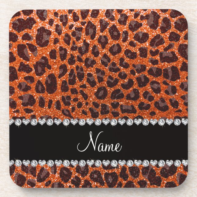 Custom name orange glitter leopard print coaster (Front)