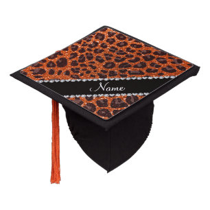 Custom name orange glitter leopard print graduation cap topper
