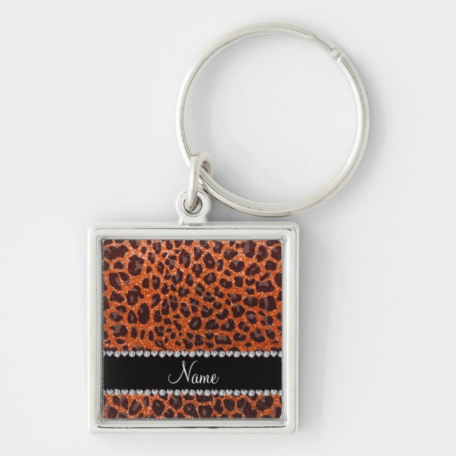 Custom name orange glitter leopard print keychain (Front)