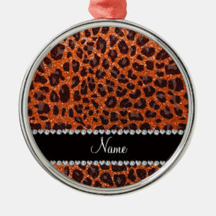 Custom name orange glitter leopard print metal ornament