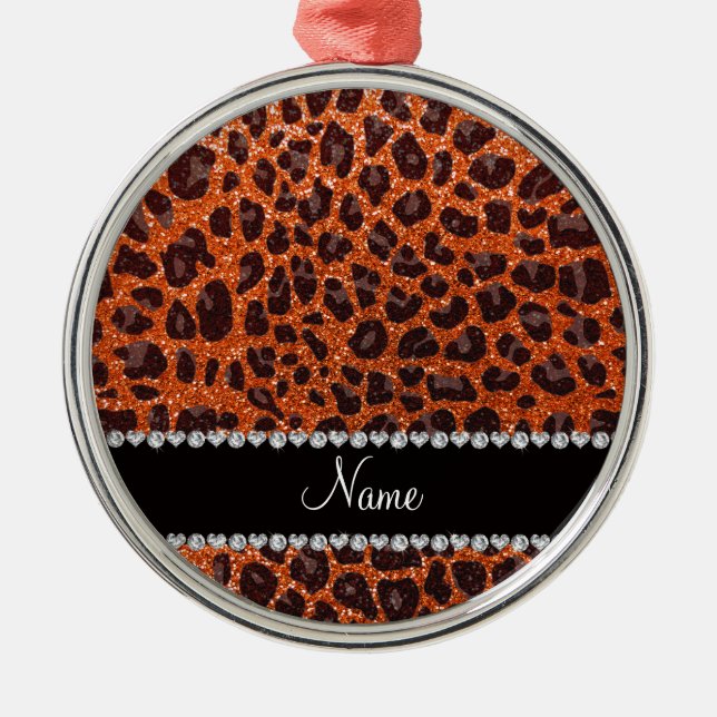 Custom name orange glitter leopard print metal ornament (Front)