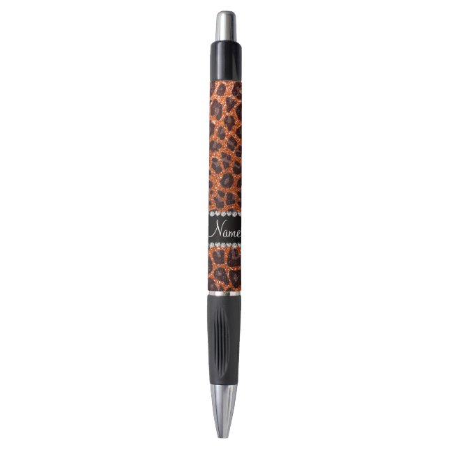 Custom name orange glitter leopard print pen (Front Vertical)