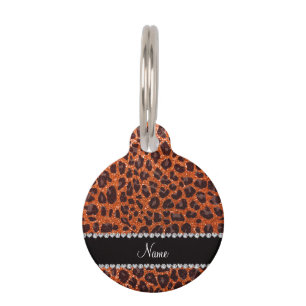 Custom name orange glitter leopard print pet tag
