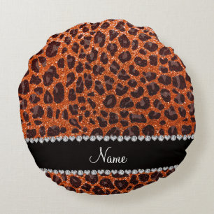 Custom name orange glitter leopard print round pillow