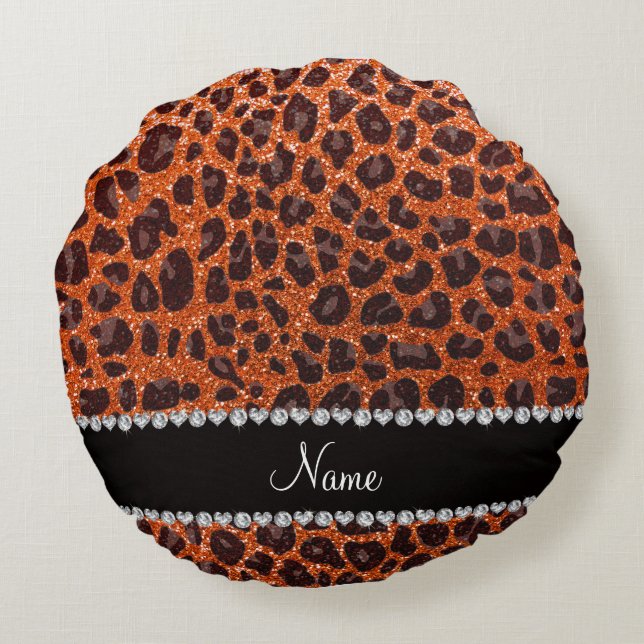 Custom name orange glitter leopard print round pillow (Back)