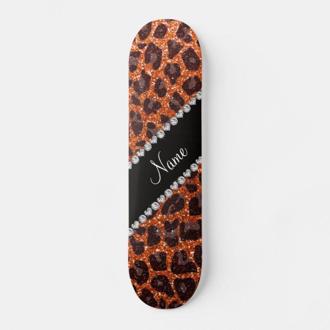 Custom name orange glitter leopard print skateboard (Front)